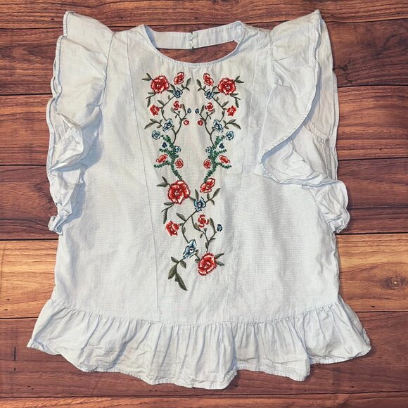 Zara Tops - ZARA Embroidered Floral Ruffle Blouse - Light Blue Cotton - XS